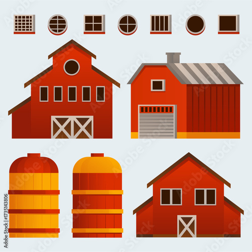 A stylized farm scene featuring red barns, silos, and a barn-style warehouse, with roofed sheds and window accents. Ideal for rural, agricultural, or autumn seasonal stock photography
