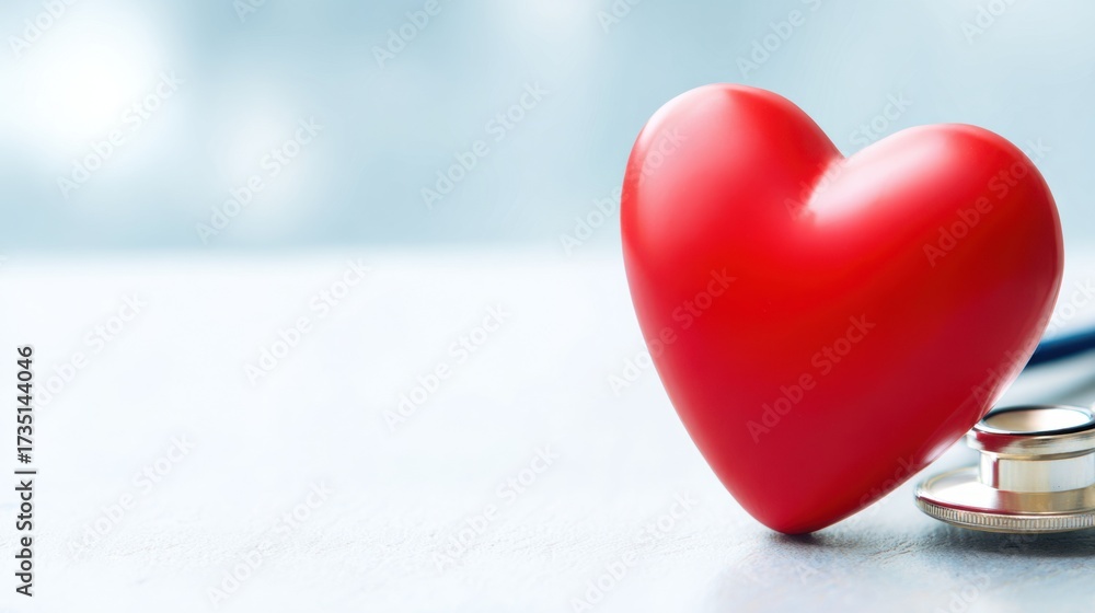 Fototapeta premium Isolated medical equipment: a stethoscope with a red heart symbolizes healthcare and cardiology examination in a clinic