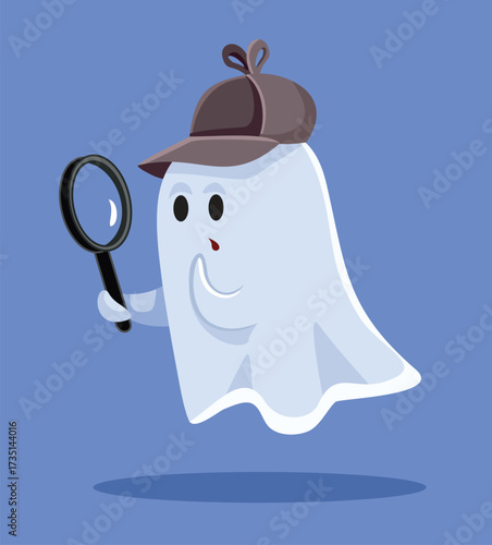 Detective Ghost with Magnifying Glass Finding Clues Vector Cartoon. Funny curious spirit investigating a mister during Halloween  
