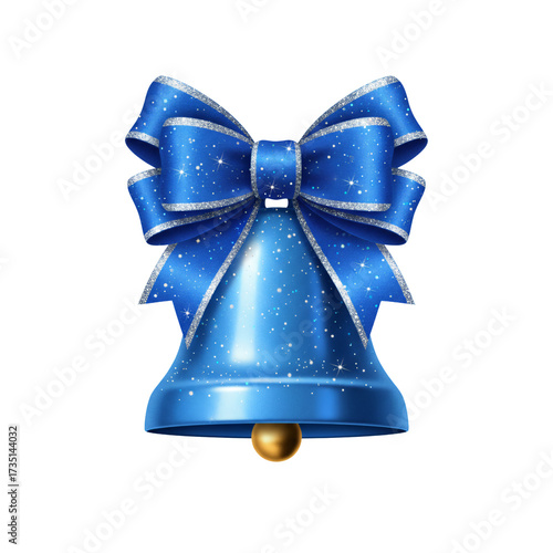 Silver Christmas bell with ribbon and sparkle, isolated on transparent background, white background, high-resolution festive ornament for Christmas Day