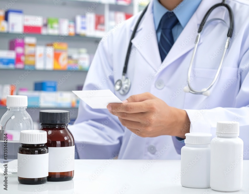 Fototapeta premium Pharmacist's Careful Review of Prescription Medications in a Pharmacy Setting