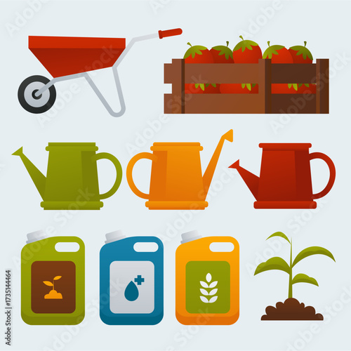 Bright, decorative farming scene featuring a wheelbarrow, wooden crate of tomatoes, three colorful watering cans, plant seedlings, and seed packets