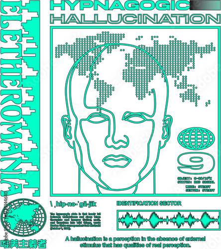 Vaporwave Mindscape: Abstract Human Head, Global Map & Text in Retro-Futuristic Teal Glitch Style