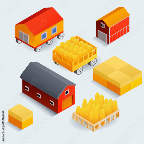 A vibrant isometric farm layout featuring red barns, yellow crates of eggs, and delivery wagons. Bright, friendly imagery evokes agriculture, storage, and logistics, suitable for branding, education, 