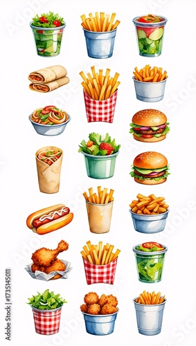Watercolor illustration of fast food items on a white background
