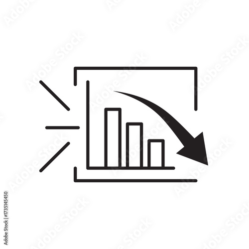 Line icon of a declining bar graph with alert lines, symbolizing economic downturn. Ideal for illustrating market decline, financial loss, business alerts, and performance drops in websites and apps.