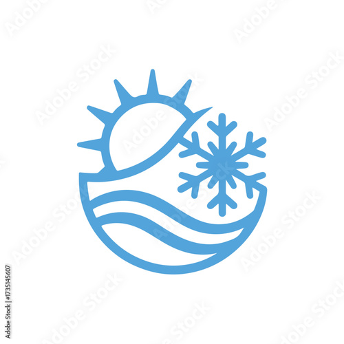 Heating and Cooling Logo Design with Sun, Snowflake, and Wave Icon for HVAC, Air Conditioning, Refrigeration, Heating System, Ventilation, Climate Control, Energy, Water Cooling, and Temperature Regul