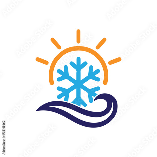Heating and Cooling Logo Design with Sun, Snowflake, and Wave Icon for HVAC, Air Conditioning, Refrigeration, Heating System, Ventilation, Climate Control, Energy, Water Cooling, and Temperature Regul