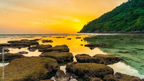 Tropical Beach Sunset With Rocky Shoreline ocean coast