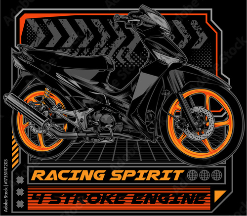 Dynamic Racing Spirit Scooter Graphic. Underbone motorcycle illustration with orange wheels and '4 Stroke Engine' text on a dark, industrial backgr...