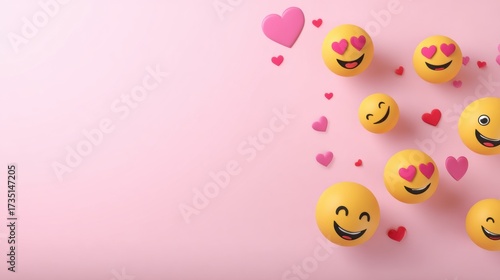 Cute colorful emoticon illustration on yellow and pink background with heart shape decoration.