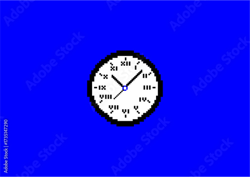 Description:
Pixel art clock with Roman numerals on a white face, black border, and blue background, showing a simple retro digital design.