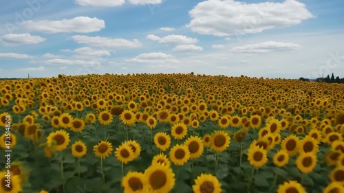 Vast Field of Sunflowers Under a Cloudy Sky Keywords: sunflowers, field, agriculture, summer