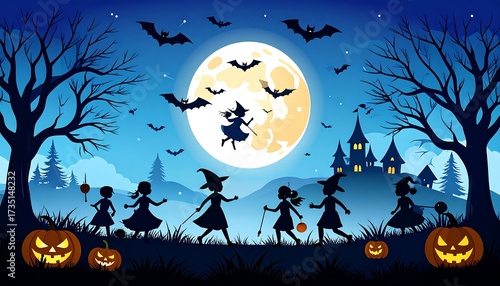 Enchanting Halloween Night: Silhouettes of Children and Witches Under a Full Moon with Bats and Jack-o'-Lanterns