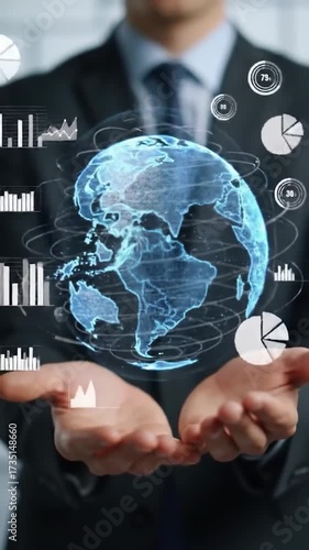 Businessman holding a holographic Earth with floating financial charts and data infographics