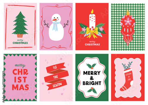Merry Christmas greeting card set. Modern festive bright Xmas prints with tree, snowman, stocking, quotes, holly leaf, retro typography, doodle frames cover template.