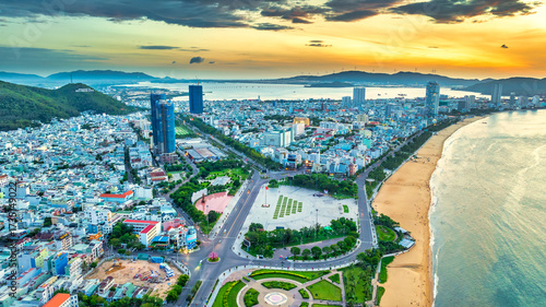 Aerial view of the coastal city of Quy Nhon, Vietnam in the morning, beautiful coastline. This is a city that attracts to relax in central Vietnam