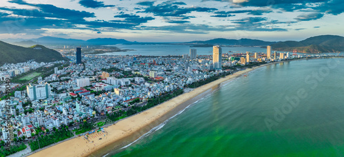 Aerial view of the coastal city of Quy Nhon, Vietnam in the morning, beautiful coastline. This is a city that attracts to relax in central Vietnam