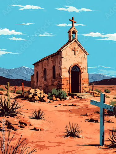 poster style illustration of old chapel in desert on a sunny day