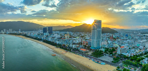 Aerial view of the coastal city of Quy Nhon, Vietnam in the morning, beautiful coastline. This is a city that attracts to relax in central Vietnam