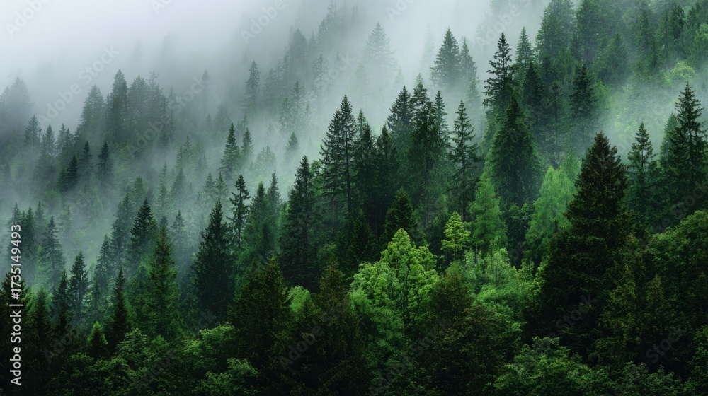 Obraz premium green trees in fog mystical forest serene dense lush tranquil nature