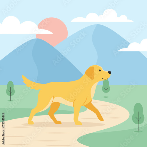 Yellow dog walking on path in a mountainous landscape  