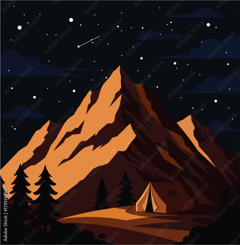 Fototapeta premium A vibrant sunset illuminates majestic mountains and a serene forest campsite with a tent, capturing an outdoor adventure.