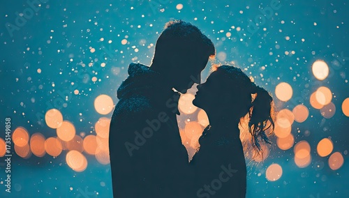 A couple embraces close in the winter night.