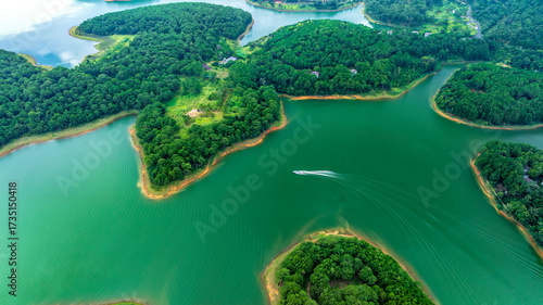 Photos Aerial view of Tuyen Lam lake in Dalat, Vietnam with blue water and paradise islands below give this place a relaxing tourist attraction