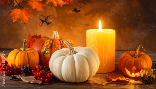 Enchanting Halloween Still Life: Glowing Jack-o'-lantern, White Pumpkin, Candle, and Autumn Leaves