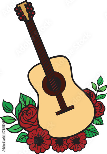 Acoustic Guitar Surrounded by Red Roses and Green Leaves Artistic Rendition Creating a Visually Appealing Composition