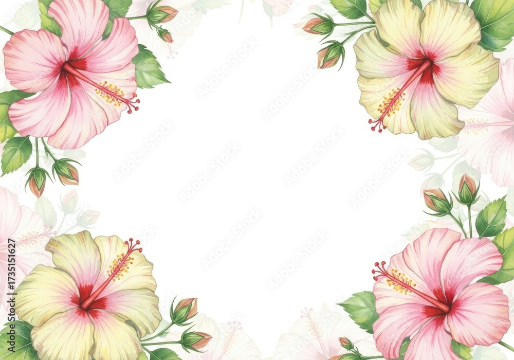 Fototapeta premium Hibiscus Flower Watercolor Border with Leaves and Buds on White Background