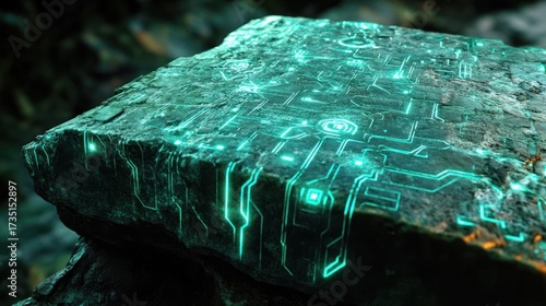 An ancient, stone tablet, its surface covered in intricate, bioluminescent circuit-like patterns, representing foundational customs code