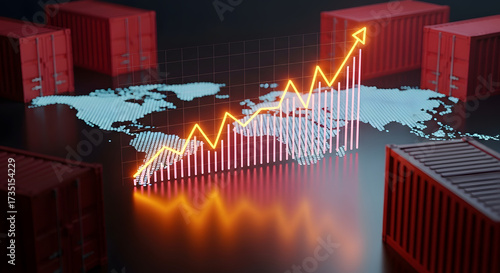 Global trade growth is depicted with containers and a rising graph line