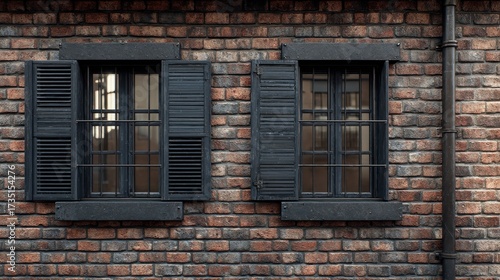 exterior brick wall with dark window shutters and gutter detail