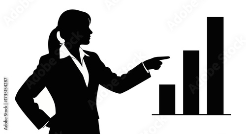 Confident businesswoman presenting successful growth data with a dynamic bar chart, perfect for illustrating business progress and achievement.