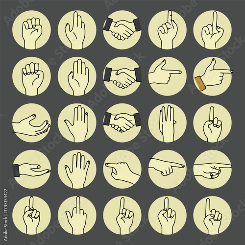 Hand drawn vector icon set of various communication gestures.