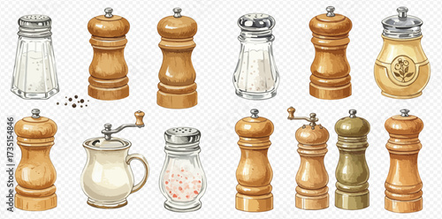 A collection of watercolor illustrations depicting various salt and pepper shakers and grinders in different styles for kitchen condiments.