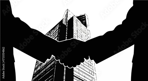 Professional business partners sealing a deal with a firm handshake, symbolizing partnership and success against a towering corporate skyscraper.