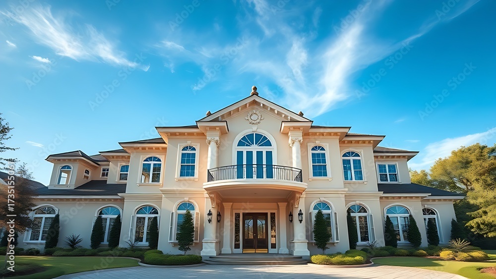 Naklejka premium Elegant residence entrance with architectural details under a clear blue sky, exuding luxury.