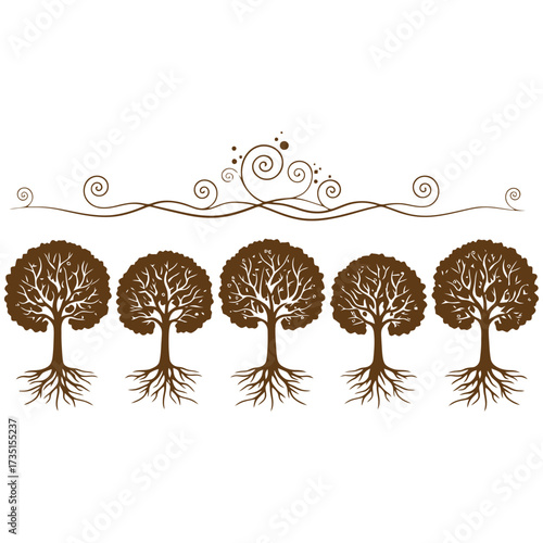 Set of five brown stylized trees with intricate roots and branches.