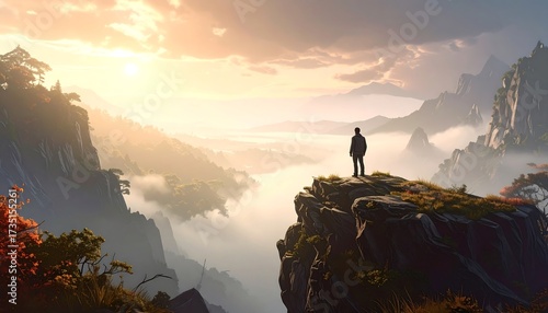 Solitary figure contemplating vast mountain vista at sunrise or sunset