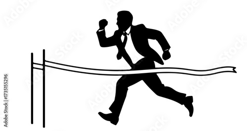 Dynamic businessman powerfully crosses the finish line, celebrating a triumphant victory and achieving ambitious goals with determination and success.