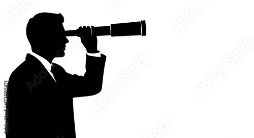 Confident businessman in silhouette gazes through telescope seeking future opportunities and business growth with sharp vision