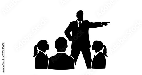 Confident business leader directing team with decisive gesture, inspiring collaboration for future success in dynamic corporate setting.