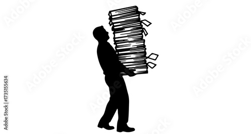 Stressed professional overwhelmed by a massive, unstable stack of paperwork, symbolizing extreme workload, corporate burden, and burnout pressure.
