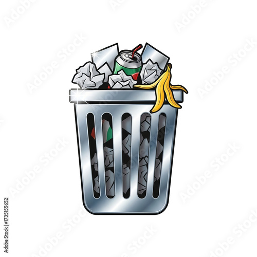 Trash can garbage waste bin rubbish container recycling bin refuse disposal litter dirty metal bin cartoon on transparent background