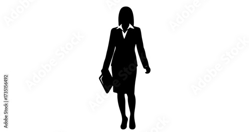 Professional businesswoman silhouette confidently strides forward holding a document folder, symbolizing corporate ambition and leadership.