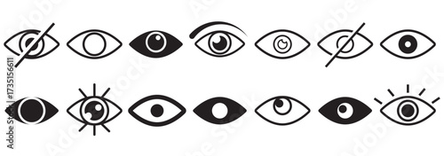 Collection of eyes logos, symbols and icons. Concept vector illustration. Show password. Open, closed, visible invisible concept, hidden password, icon vector symbol logo illustration line editable. 