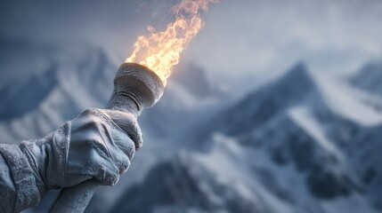 white gloved hand gripping flaming olympic torch against snowy mountain backdrop during winter olympics torch relay in italy